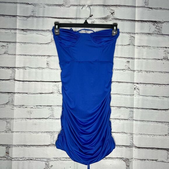 Lucy in the Sky Strapless Dark Blue Dress SZ S Tie Back Ruffled Sheath Designer - Picture 1 of 16